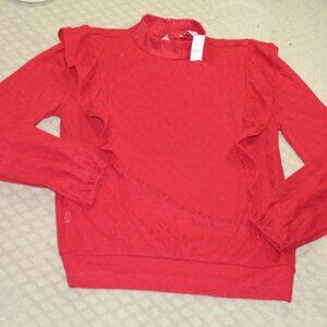 NWT Loft Women's Size L Cranberry Red Ruffle Accent Long Sleeve Top